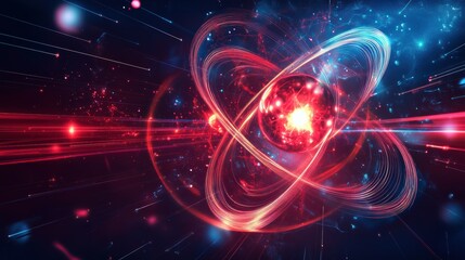 Leinwandbilder - A dynamic display of an electron navigating an intricate atomic framework, surrounded by luminous energy trails and radiant colors, depicting a vivid cosmic journey.