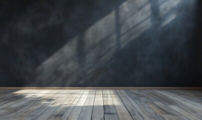 Wall Mural - Dark textured wall with wooden floor, sunlight casting shadows, creating a dramatic atmosphere