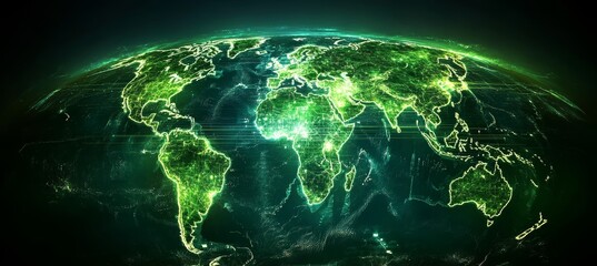 Poster - Glowing green earth map hacker virus attack. Global earth atlas. Generative AI technology.	
