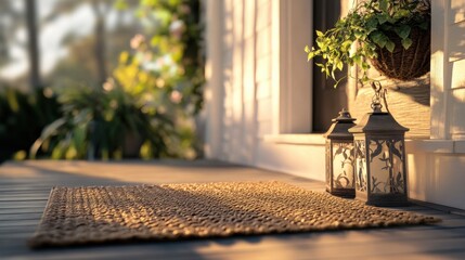 The front porch features a woven mat, soft light illuminating two lanterns, and lush greenery, creating a welcoming atmosphere perfect for relaxation.