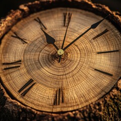 Aufkleber - The intricate rings of a tree reveal the years of growth, while clock hands rest on the surface, artfully merging nature with the concept of time, capturing a moment in nature’s history.