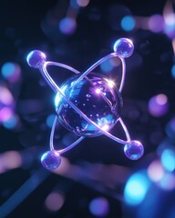 Poster - This stunning close-up showcases a glowing atom with luminous electrons orbiting around a central nucleus, symbolizing the essence of matter in the universe.