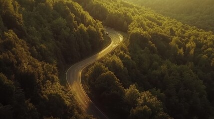 Poster - This aerial shot captures a winding highway meandering through dense, vibrant green forests, illuminated by the warm glow of the setting sun.