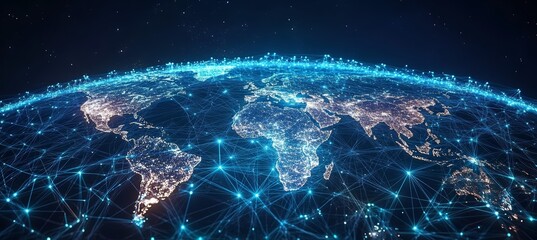 Poster - Digital world map. Global internet network telecom and communication. Generative AI technology.	
