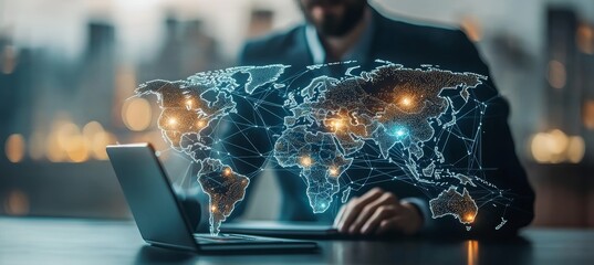 Aufkleber - Businessman and hologram digital world map. Global internet network telecom and communication. Generative AI technology.	
