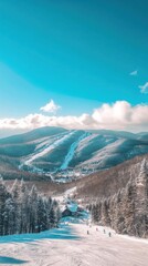 Aufkleber - The majestic snow-covered mountain range showcases skiers descending slopes amidst lush evergreen trees against a brilliant blue sky. Majestic peaks rise in the background.