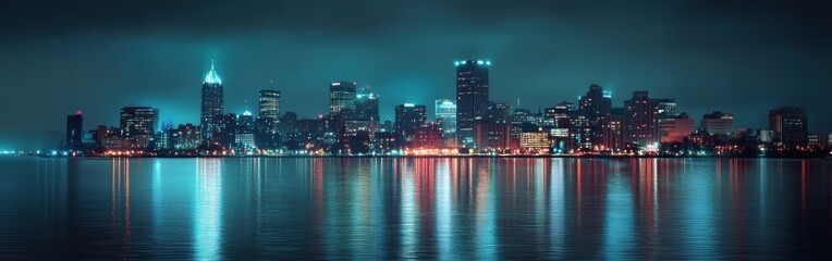 Aufkleber - The Detroit skyline glimmers under the night sky, with skyscrapers glowing in various colors while their reflections dance on the water's surface, creating a mesmerizing urban landscape.