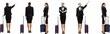 © master1305 - Collage with young girl, stewardess standing with suitcase isolated on transparent background. Profile, front and rear view. Concept of adventure, migration and vacations, freelance job.