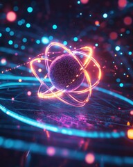 Poster - This visual representation showcases an atomic model with a vibrant electron orbiting around a central nucleus, highlighting the structure of an atom in a dynamic manner.