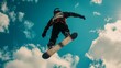 © Zoro - Snowboarder performing a jump against a vibrant blue sky with fluffy white clouds.