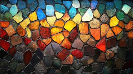 Poster - Vibrant Mosaic Wall Art with Colorful Glass Tiles in Warm and Cool Tones Creating a Stunning Visual Display of Light and Texture for Artistic Interiors