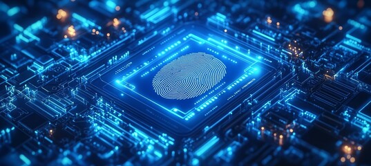 Poster - Fingerprint on microchip scanner. Internet security biometric human identification. Generative AI technology.	
