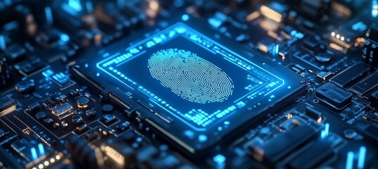 Poster - Processor chip with finger print system. Internet security biometric human identification. Generative AI technology.	

