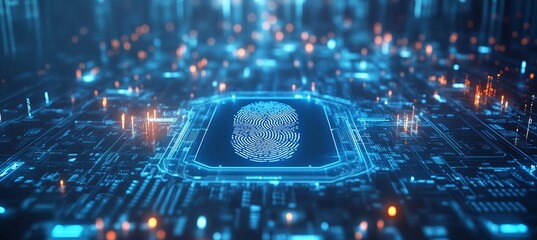 Poster - Digital finger print on microchip motherboard. Internet security biometric human identification. Generative AI technology.	
