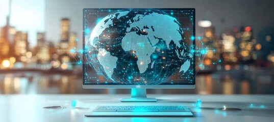 Aufkleber - Earth map on computer monitor screen. Global internet network telecom and communication. Generative AI technology.	
