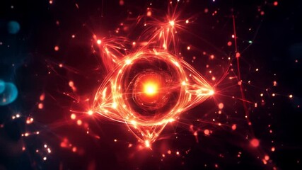 Poster - Glowing atomic structure with orbiting particles representing quantum physics, energy dynamics, and scientific innovation in a vibrant futuristic visualization