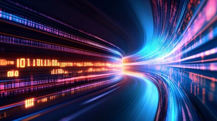 Poster - Colorful abstract digital light trails depicting fast data transfer in a futuristic environment with glowing binary codes and vibrant colors