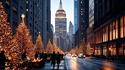 New York street transformed for Christmas, with towering buildings covered in holiday lights 