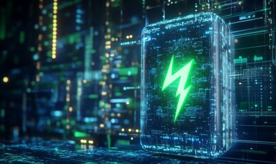 A battery with a glowing green lightning icon on a background of blue digital technology, in a futuristic style, as a background for an energy storage and new technologies concept banner design