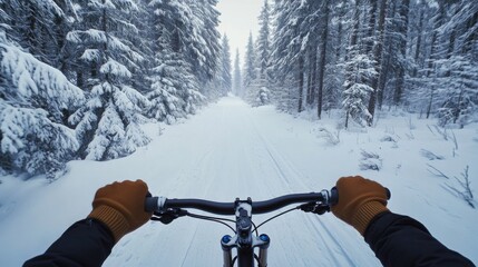 Aufkleber - Riding a bike along a snowy path surrounded by tall trees, showcasing a serene winter landscape. The scene emphasizes the tranquility of the forest in a chilly, white setting.