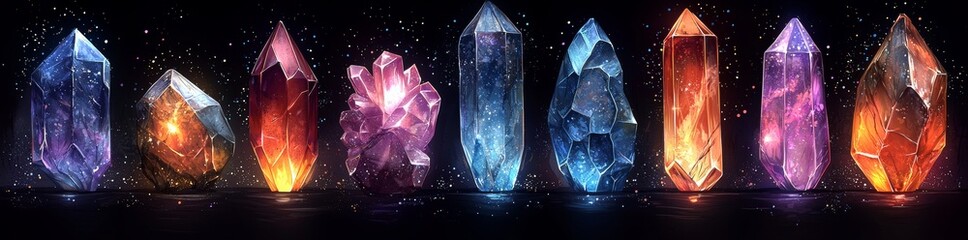 Poster - A set of modern cartoon illustrations showcasing sparkling gems including ruby, diamond, amethyst, and emerald. Isolated icons of magical jewel crystals for games.