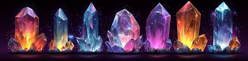 Poster - Ruby, diamond, amethyst, and emerald. A modern cartoon collection of sparkling gems. Magical crystals of jewels isolated on a white background.