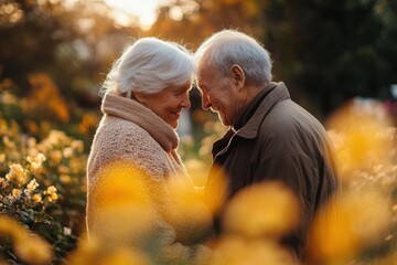 Tender Moment of Elderly Couple Embracing in Blooming Autumn Garden