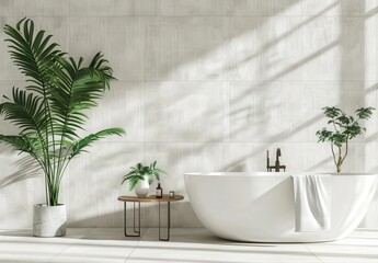 Wall Mural - Modern bathroom with a freestanding tub. a side table with a vase and towel. and plants in the corner