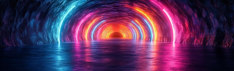 Fototapete - A hallway inside with neon arrows and ground reflections. A lifelike 3D backdrop of a path with luminous lights. An abstract futuristic setting with a tunnel glowing in perspective.