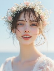 Wall Mural - Smiling Woman with Floral Crown on a Sunny Beach