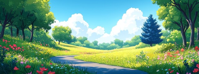 Canvas Print - A sunny spring or summer day in a garden or park landscape, featuring green trees, bushes, grass, stones, and a path. A modern cartoon countryside forest scene with lush greenery and woods.