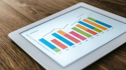 Poster - a detailed shot of a financial graph on a digital tablet, with upward trends highlighted in vibrant 