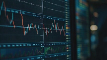 Poster - A detailed view of a stock market analysis board, featuring colorful graphs and data points, illustrating the analytical side of finance and investment strategies