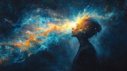 Dreamy Woman with Galaxy Flowing from Head