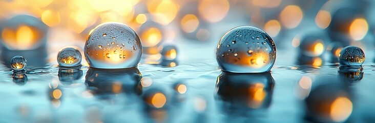 Poster - A depiction of water droplets on a moist surface. A lifelike portrayal of condensate, dew, cosmetic gel, serum, oil droplets, and transparent liquid bubbles, ideal for a shower or bathroom wall