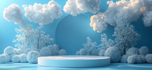 Poster - An abstract, clean, and dreamy presentation mockup with a blue sky and white clouds, highlighting an empty cosmetic product display podium.