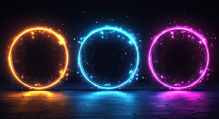 Poster - the sun's total and partial eclipse, highlighted by neon glow colors, set against a dark night sky. 