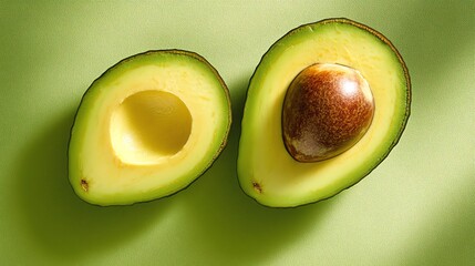 Wall Mural - Two halves of an avocado on a green background.