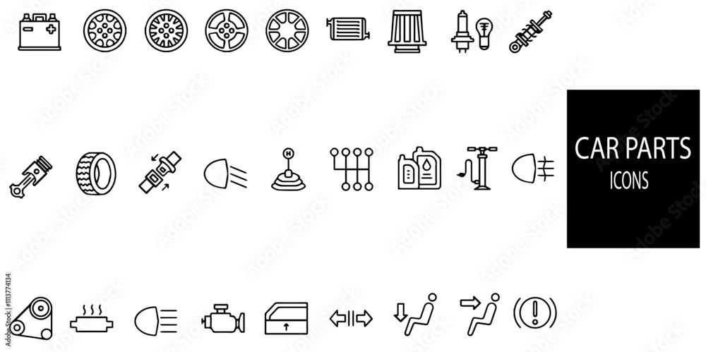 Set of 40 outline Automotive space part icons.Auto spare parts vector ...