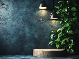 Poster - A realistic modern illustration of a circular podium, illuminated by spotlights, set in a nightclub. Designed for a winner's award ceremony, the empty platform is ready for a presentation,