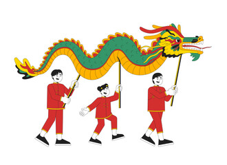 Poster - Chinese New Year dragon dance cartoon flat illustration. Spring festival asian kids. Young dragon dancers performing during cny 2D characters isolated on white background. Vector colorful image