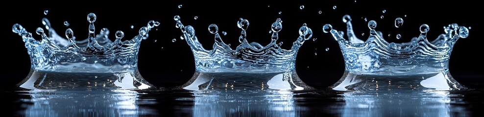 Poster - Animation sprite sheet for motion graphics or mobile games featuring aqua dynamic splashing with crown-shaped droplets. Realistic 3D modern illustration.