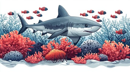 Sticker - A modern cartoon illustration featuring fish, seaweeds, and coral reefs, all isolated on a white background, including colorful aquatic plants and a hammerhead shark.