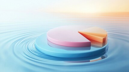 Poster - A multi-layered 3D pie chart in pastel colors, floating above a reflective surface, representing complex data visualization