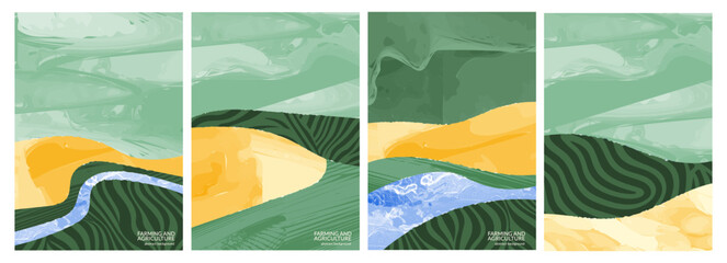 Wall Mural - trendy modern vector illustration of green countryside landscape with mountain, river, forest. abstr