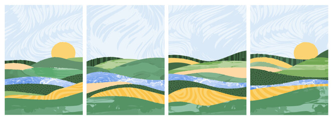 trendy minimal watercolor illustration of green countryside landscape with rolling hill, river, agri