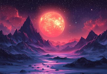 Poster - A cartoon illustration of a planet with craters, stars, and comets in the dark expanse of space, featuring a satellite.