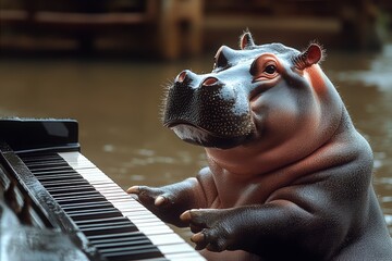 Poster - Baby hippo is playing the piano. The scene is playful and lighthearted, as the baby hippo is not a typical musician