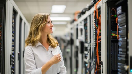 Poster - Professional woman inspecting server racks in data center during work hours