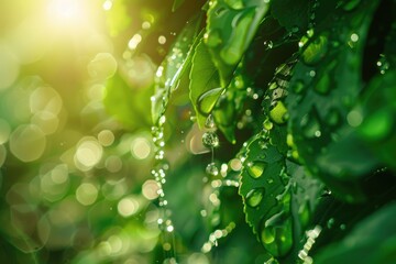 morning dew drops on leaves with sun glare nature background.